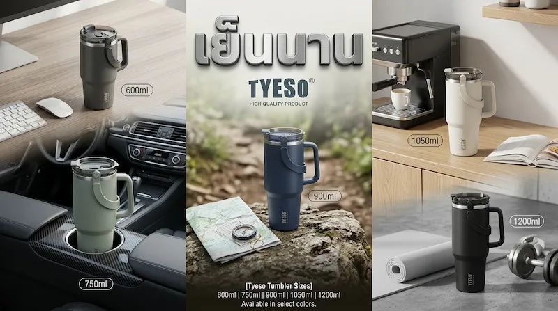 เปรียบเทียบขนาด TYESO Tumbler 600ml 750ml 900ml 1050ml 1200ml