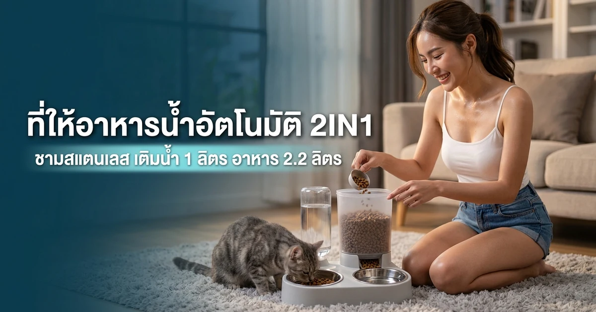 ที่ให้อาหารน้ำอัตโนมัติ 2IN1 ชามสแตนเลส ผู้หญิงยิ้มเติมอาหารแมวลงถังข้างแมวสีเทา