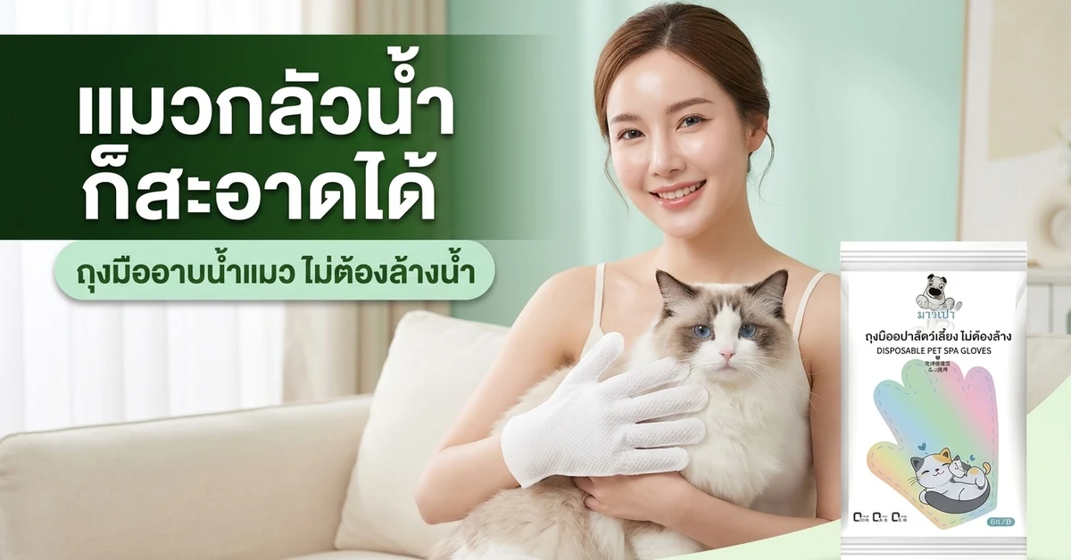 ผู้หญิงไทยผิวขาวยิ้มอุ้มแมวพร้อมสวมถุงมืออาบน้ำแมวแบบไม่ต้องล้างน้ำ ข้อความแมวกลัวน้ำก็สะอาดได้ พร้อมซองสินค้า
