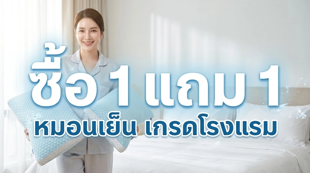 นางแบบชุดนอนบางถือหมอนเย็นสีฟ้า 2 ใบ ซื้อ 1 แถม 1 หมอนเย็น เกรดโรงแรม ในห้องนอนสว่าง