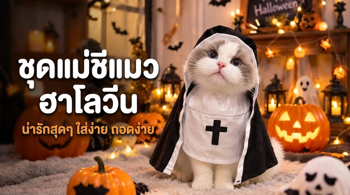 ชุดฮาโลวีนแมว ชุดแม่ชีสัตว์เลี้ยงสีดำขาวมีกางเขน ใส่กับแมวขาวเทาตาสีฟ้าในฉากฟักทองฮาโลวีน
