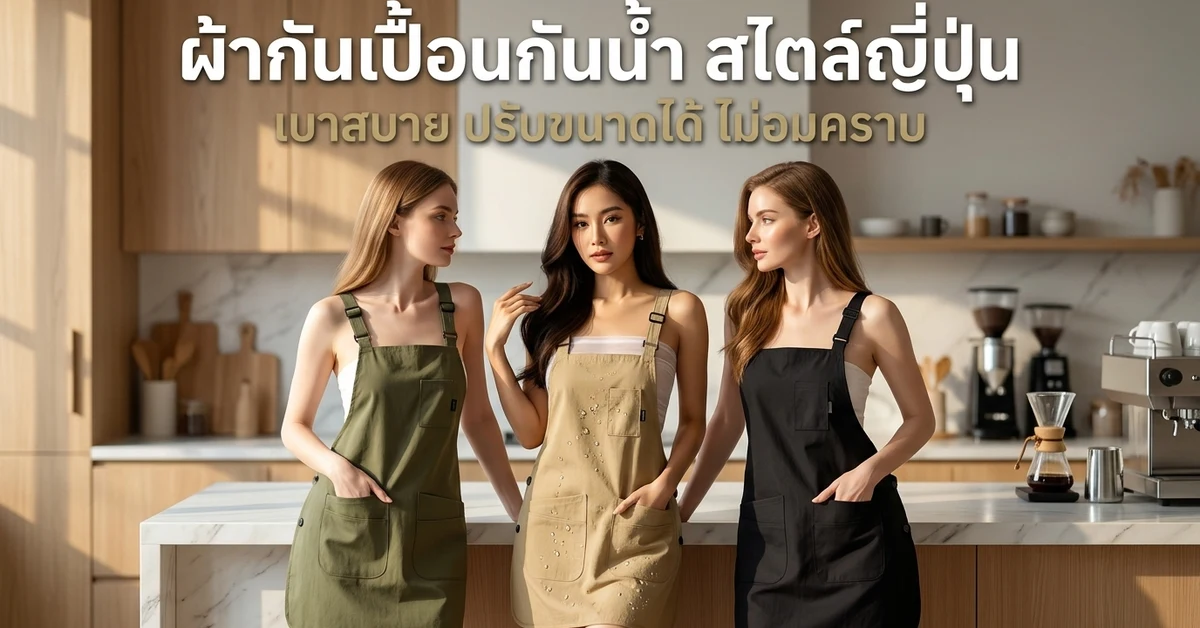 ผ้ากันเปื้อนกันน้ำ สไตล์ญี่ปุ่น เบาสบาย ปรับขนาดได้ ไม่อมคราบ นางแบบ 3 คนยืนหน้าเคาน์เตอร์