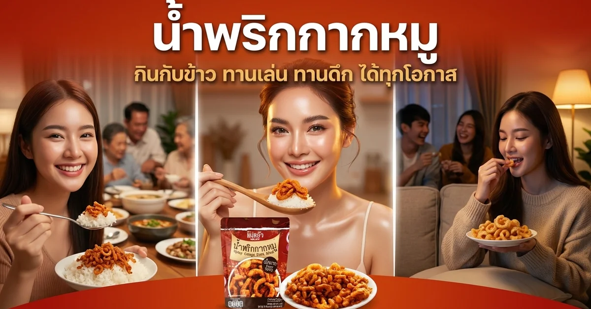 น้ำพริกกากหมูแม่แอ๊วซองพกพา นางแบบสาวผิวขาวยิ้มทานกับข้าวสวย พร้อมภาพทานกับครอบครัว เพื่อน และทานดึก
