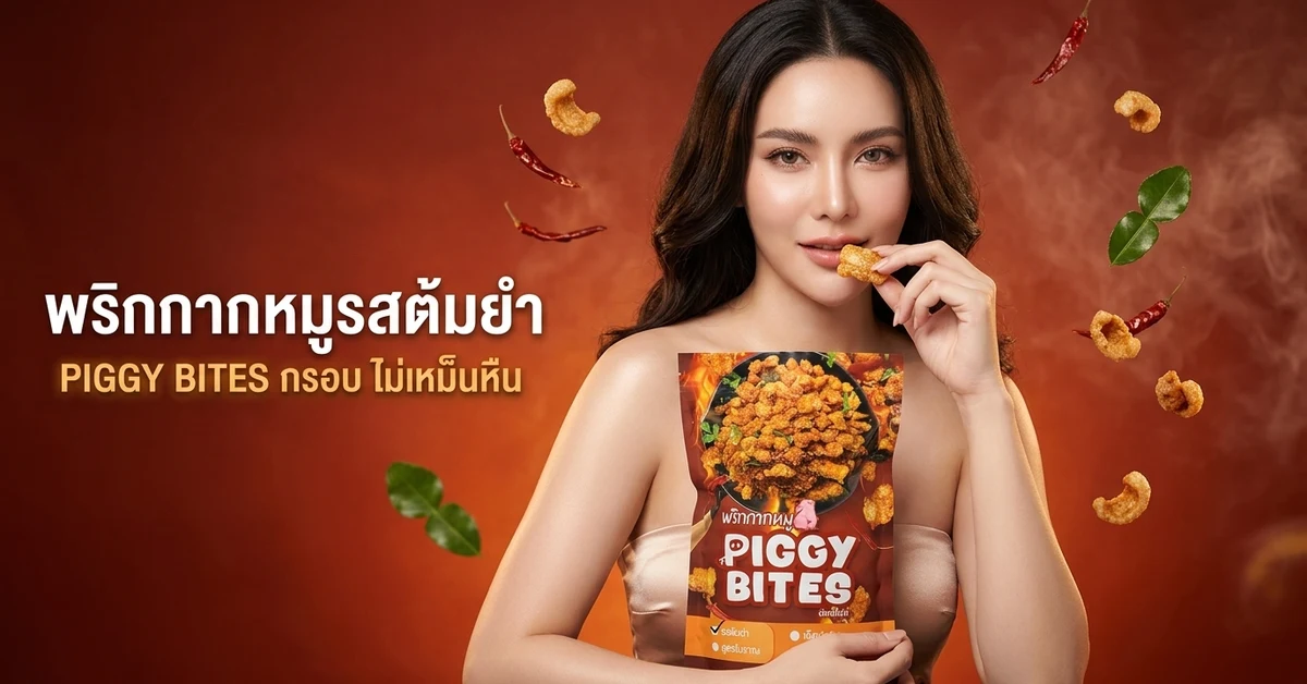 พริกกากหมูรสต้มยำ PIGGY BITES นางแบบถือซองแนบอกพร้อมหยิบกากหมูทอดกรอบเข้าปาก