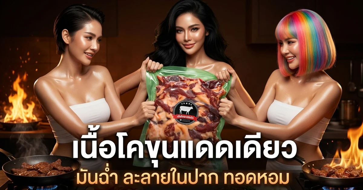 เนื้อโคขุนแดดเดียวติดมันแช่แข็งในถุงสุญญากาศ นางแบบ 3 คนแย่งกันหน้ากระทะทอดไฟลุก