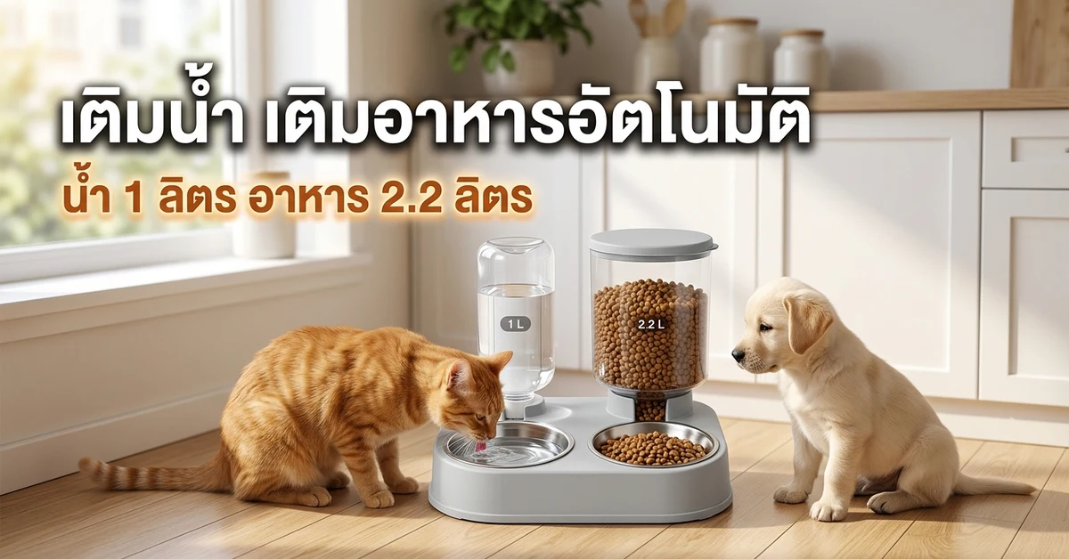 ที่ให้อาหารน้ำอัตโนมัติสำหรับแมวและลูกสุนัข แมวสีส้มกินน้ำข้างถังอาหารในครัว