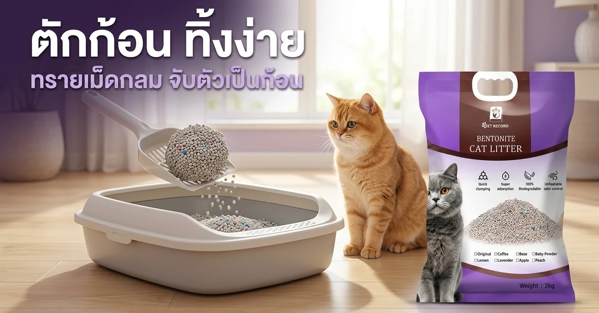 ที่ตักทรายแมวยกก้อนทรายเบนโทไนท์ที่จับตัวเป็นก้อนออกจากกระบะ แมวสีส้มนั่งข้างถุง Pet Record 2 กก. ข้อความตักก้อน ทิ้งง่าย ทรายเม็ดกลม จับตัวเป็นก้อน