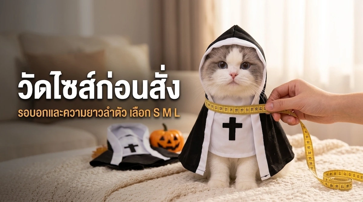 วัดไซส์ชุดฮาโลวีนแมว ใช้สายวัดรอบอกแมวที่ใส่ชุดแม่ชีสัตว์เลี้ยง ก่อนเลือกไซส์ S M L
