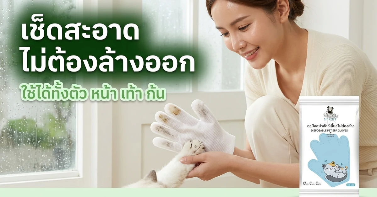 ถุงมืออาบน้ำแมวสีขาวเช็ดอุ้งเท้าแมวหลังฝนตก คราบเลอะติดที่ปลายนิ้วถุงมือ ข้อความเช็ดสะอาดไม่ต้องล้างออก ใช้ได้ทั้งตัว หน้า เท้า ก้น
