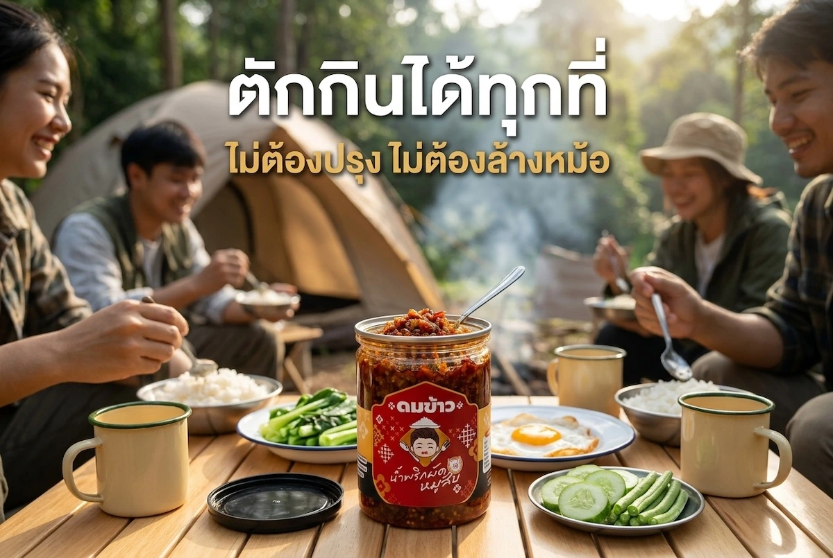 น้ำพริกผัดหมูสับดมข้าวตักกินได้ทุกที่ เพื่อนนั่งกินข้าวที่แคมป์ปิ้ง ไม่ต้องปรุง ไม่ต้องล้างหม้อ