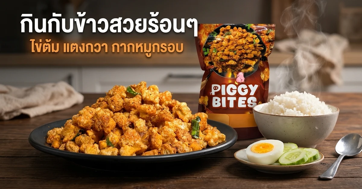 พริกกากหมูกรอบคู่ข้าวสวยร้อน ไข่ต้มครึ่งซีกและแตงกวาหั่นแว่นบนโต๊ะไม้ข้างซองสินค้า