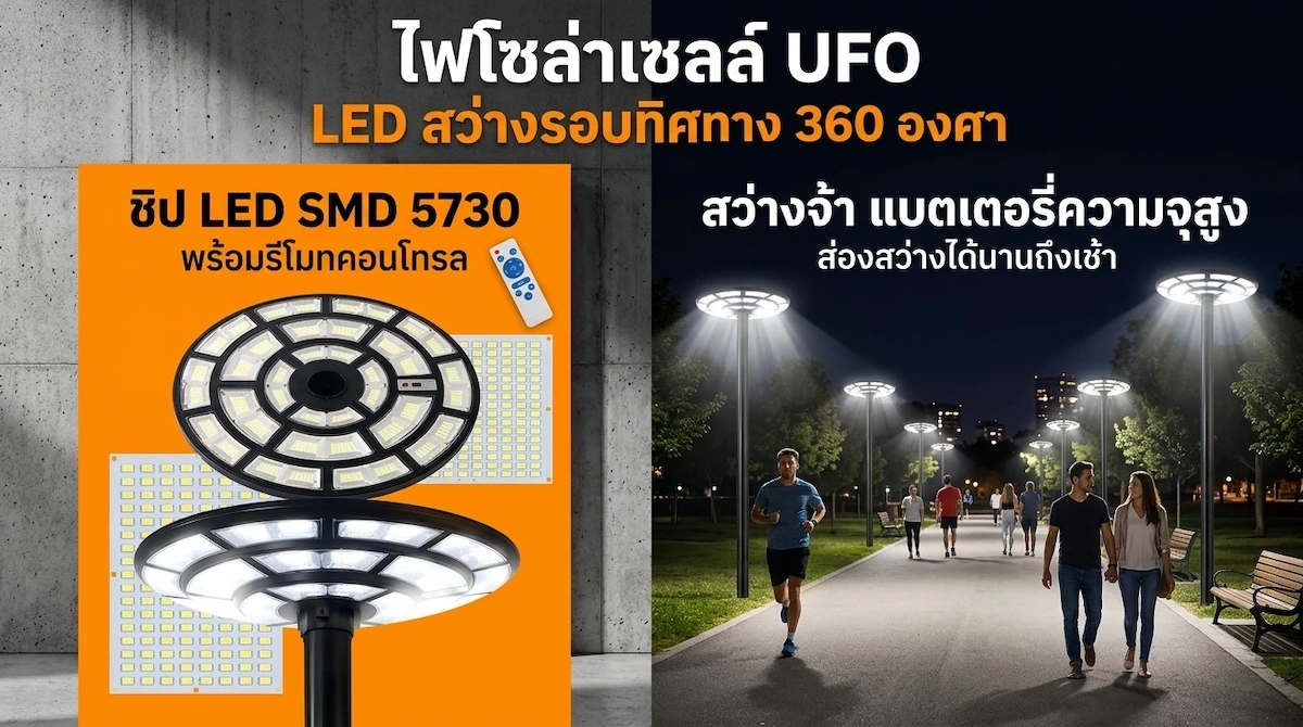 ไฟโซล่าเซลล์ UFO ชิป LED SMD 5730 แผงโซลาร์เซลล์ใหญ่ พร้อมรีโมทคอนโทรล