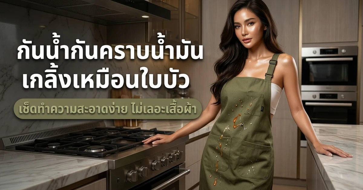 ผ้ากันเปื้อนกันน้ำ กันน้ำมันกลิ้งเหมือนใบบัว เช็ดง่าย ไม่เลอะเสื้อผ้า นางแบบทำอาหารหน้าเตา