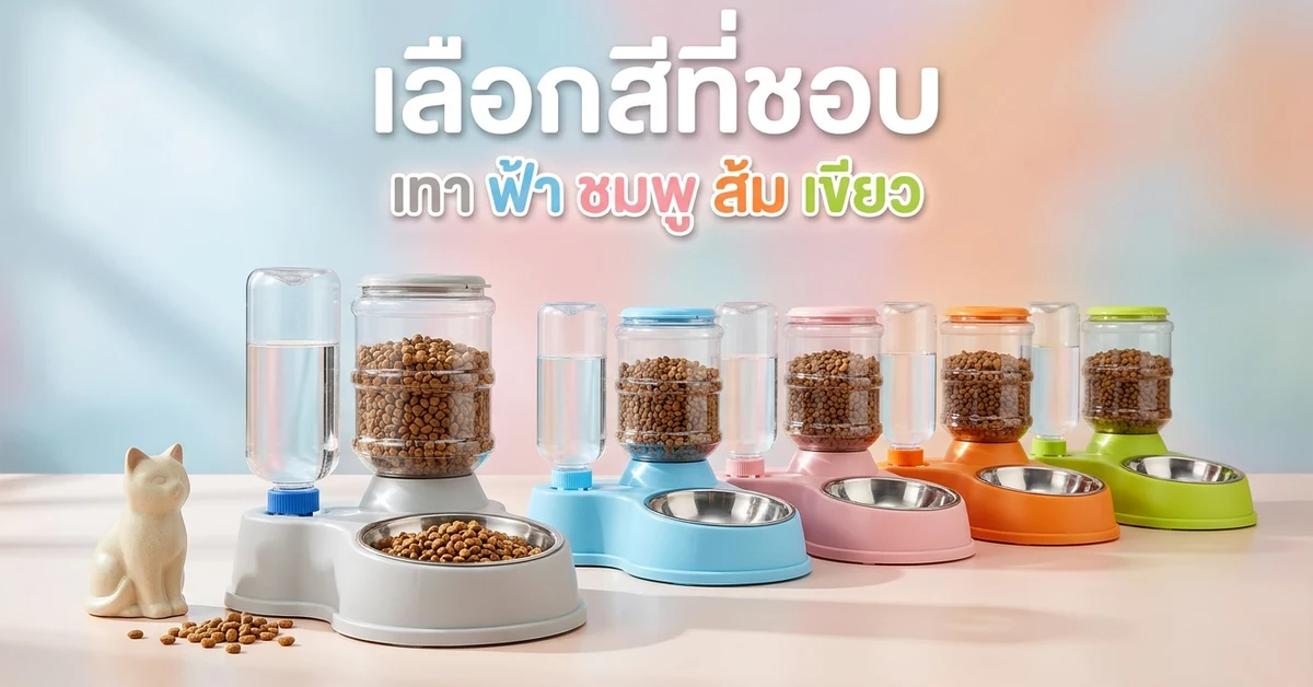 ที่ให้อาหารน้ำอัตโนมัติ 2IN1 หลายสี เทา ฟ้า ชมพู ส้ม เขียว ชามสแตนเลส