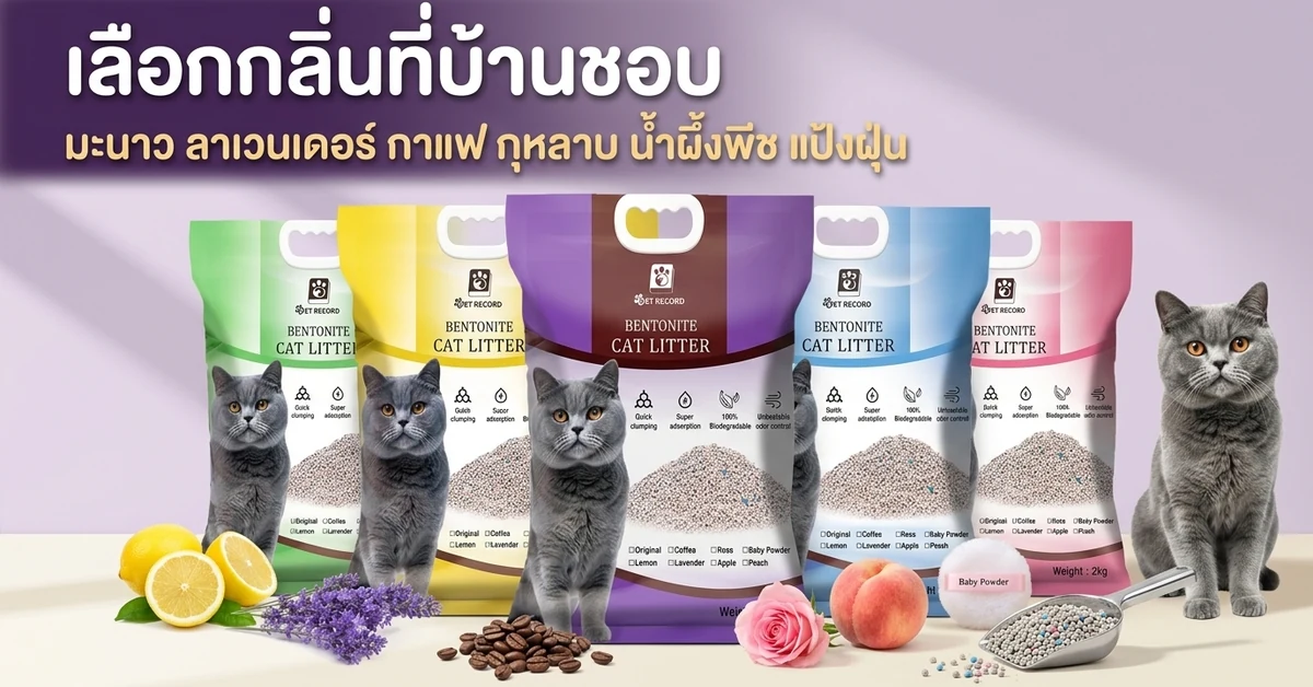 ถุงทรายแมวเบนโทไนท์ Pet Record หลายสี วางข้างมะนาว ลาเวนเดอร์ เมล็ดกาแฟ กุหลาบ พีช ผงแป้งฝุ่น ข้อความเลือกกลิ่นที่บ้านชอบ