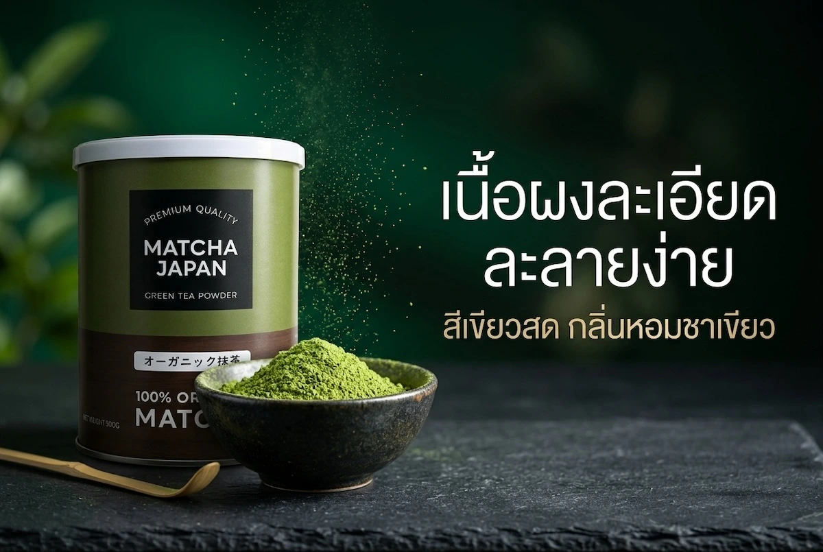 วิธีชงผงมัทฉะ 1.5 กรัม น้ำ 80 องศา 60 มล. และมัทฉะลาเต้