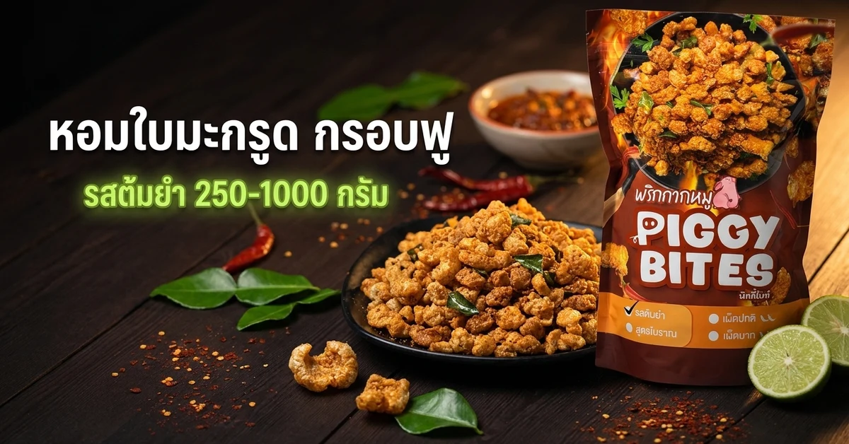 พริกกากหมูชิ้นหนังหมูกรอบฟูโรยใบมะกรูด วางข้างมะนาว พริกแห้ง และซองสินค้า
