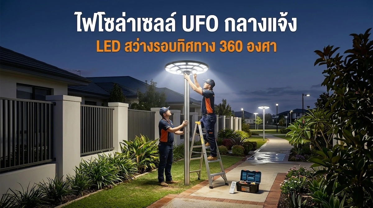 วิธีติดตั้ง ไฟโซล่าเซลล์ UFO บนเสากลางแจ้ง ส่องสว่างบริเวณกว้าง